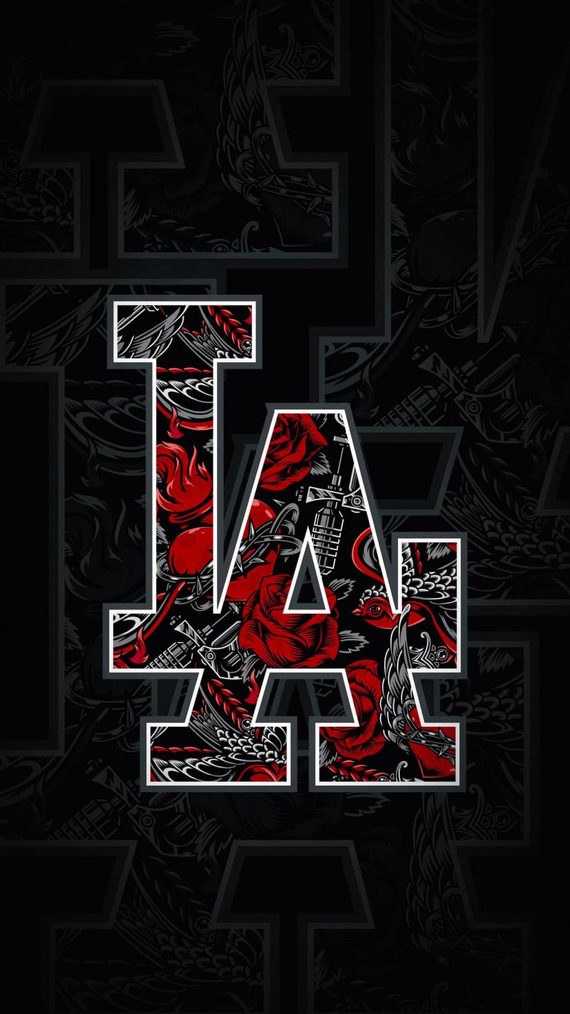LA letters in calligraphy style filled with blooming red roses and black flame patterns on a dark background.