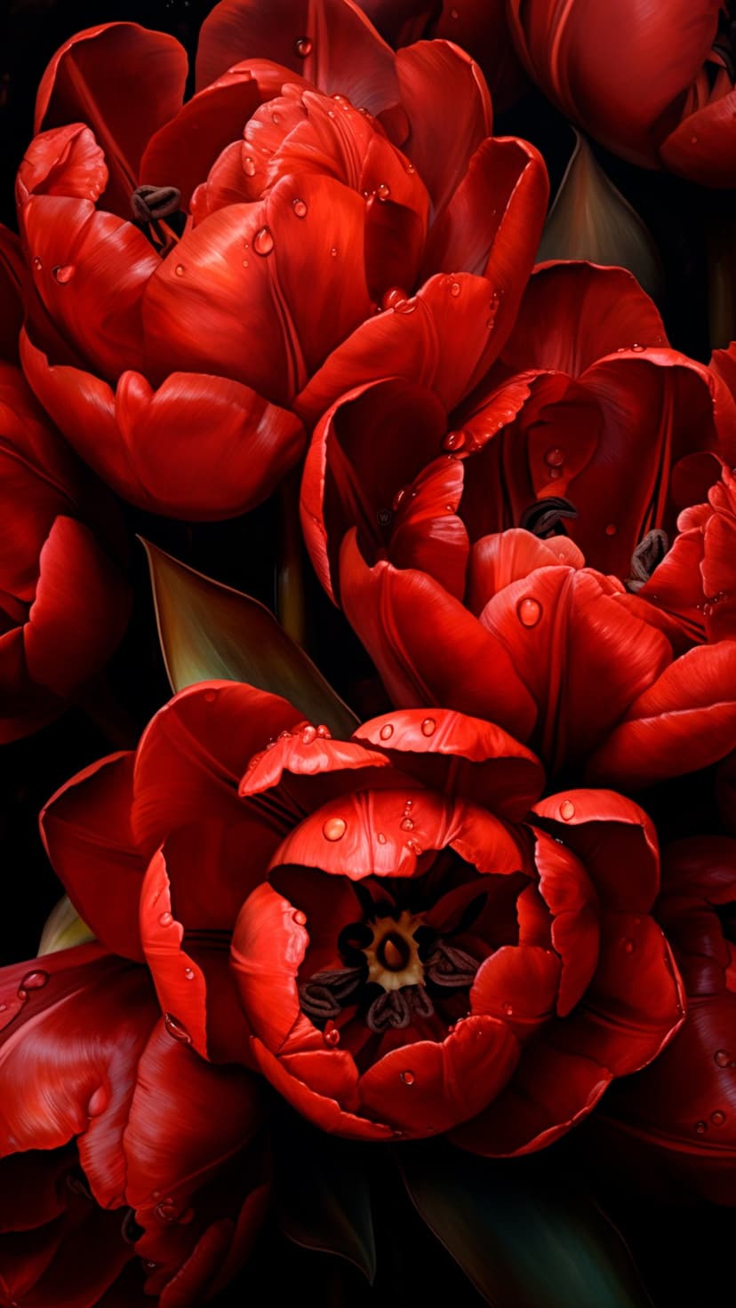 Red tulip petals with water droplets stand out against a dark background in a sharp, vertical close-up shot.