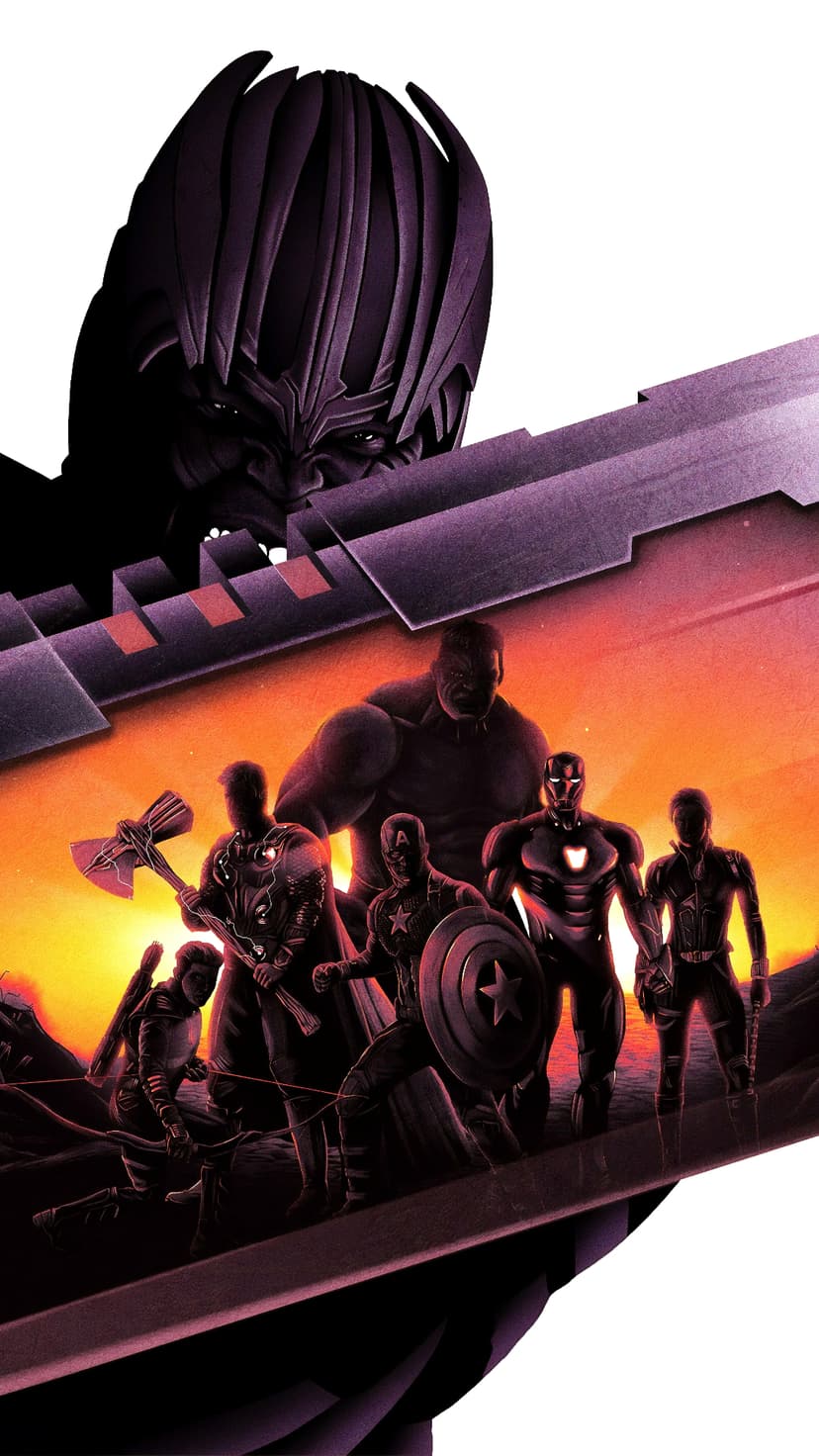 Iron Man and the Avengers stand against a giant Thanos under a glowing sunset sky in a vertical phone layout.