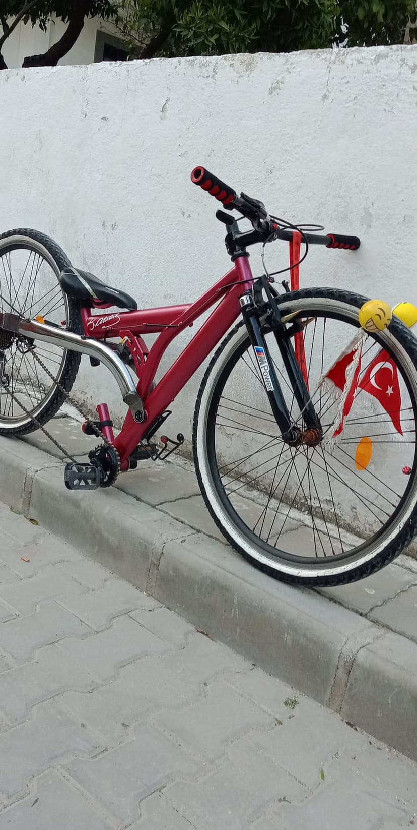 Red bicycle with Turkish flags on the wheels leaning against a white textured wall on a gray paved sidewalk.