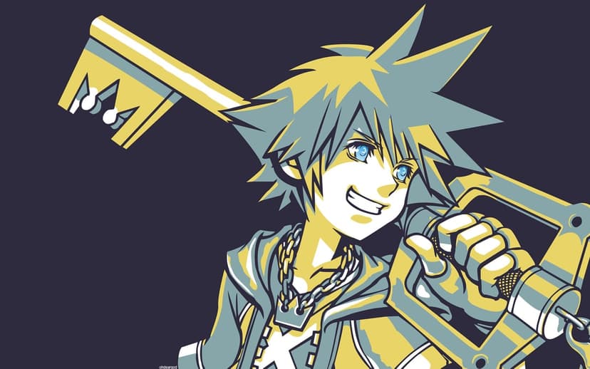 Sora smiling with his Keyblade over one shoulder in a stylized yellow and blue pop art illustration.