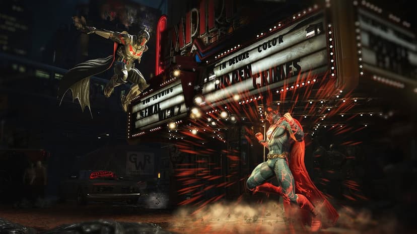 Batman Beyond leaps toward a glowing Superman in a dark city street before a neon theater marquee.