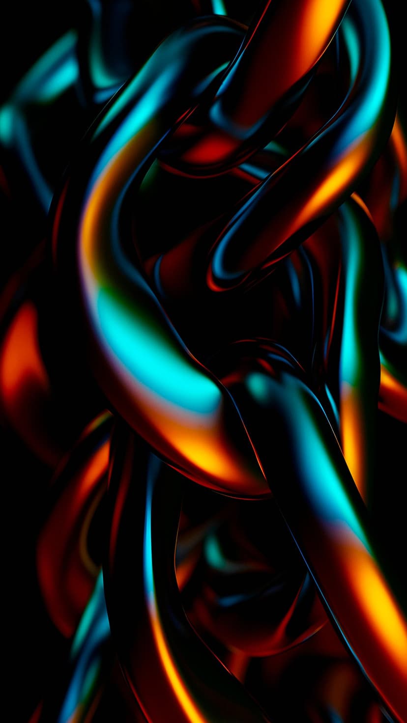 Twisted molten metal sculpture reflects glowing teal and orange light against a dark, shadowy background.