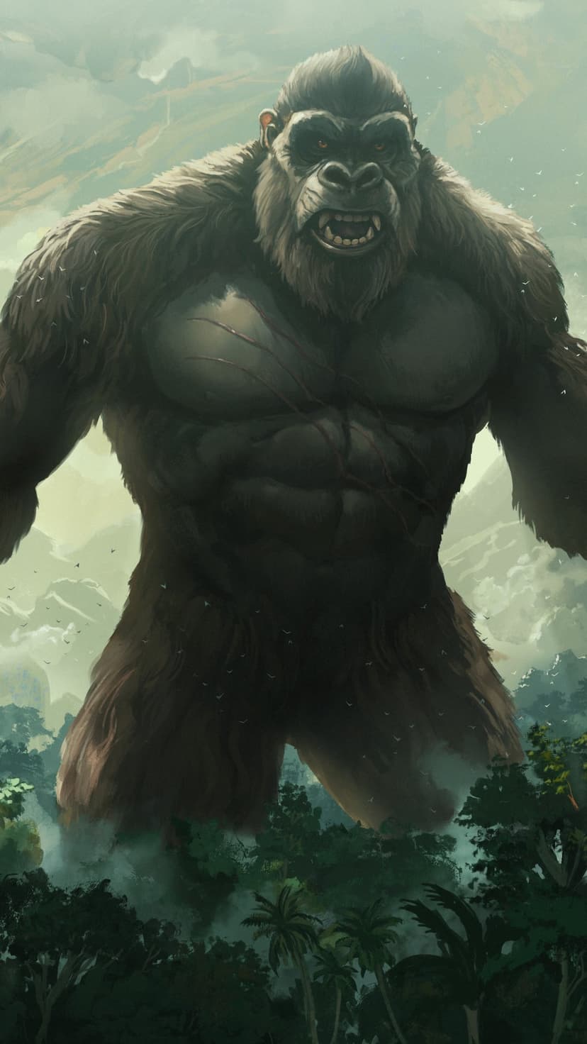 Giant gorilla with glowing red eyes roars above a misty jungle canopy as small birds fly in a hazy sky.