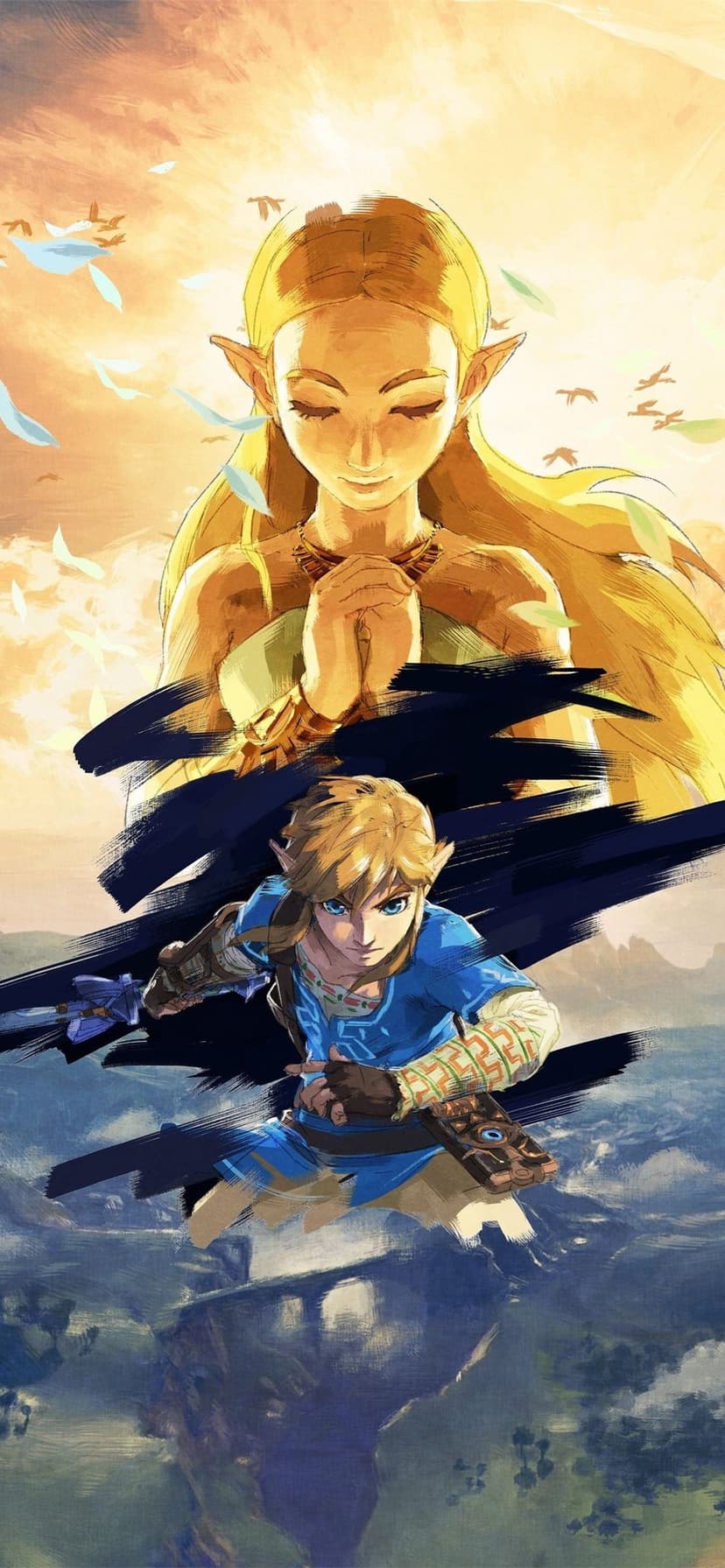 Link in a combat pose below a golden-lit Zelda praying with closed eyes in a painterly illustrative style.