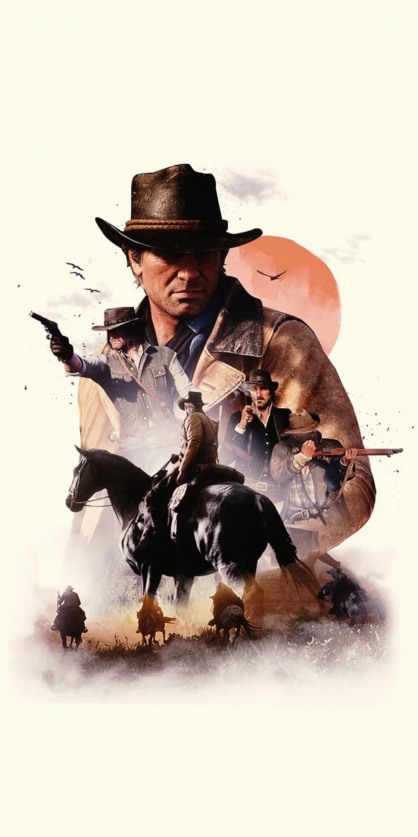 Arthur Morgan and members of the Van der Linde gang against a white background with a large orange sun.