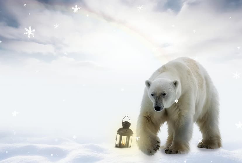 Polar bear walking past a lit vintage lantern on a snowy field during a blizzard with a cloudy sky backdrop.