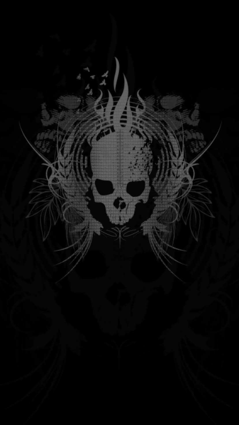 Human skull surrounded by orange flames and floral swirls as black birds fly upward against a dark background.