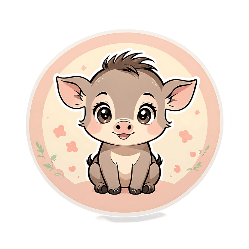 Baby piglet sticker featuring glossy brown eyes and a floral circular frame with a white die-cut border.