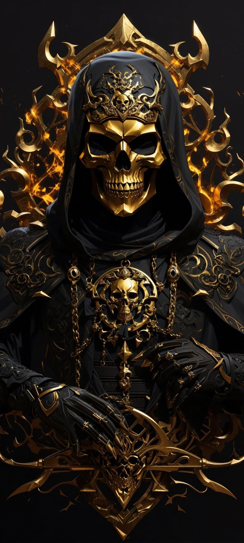Skeleton monarch wearing a golden crown and black hooded cloak with an intricate skull pendant on his chest.
