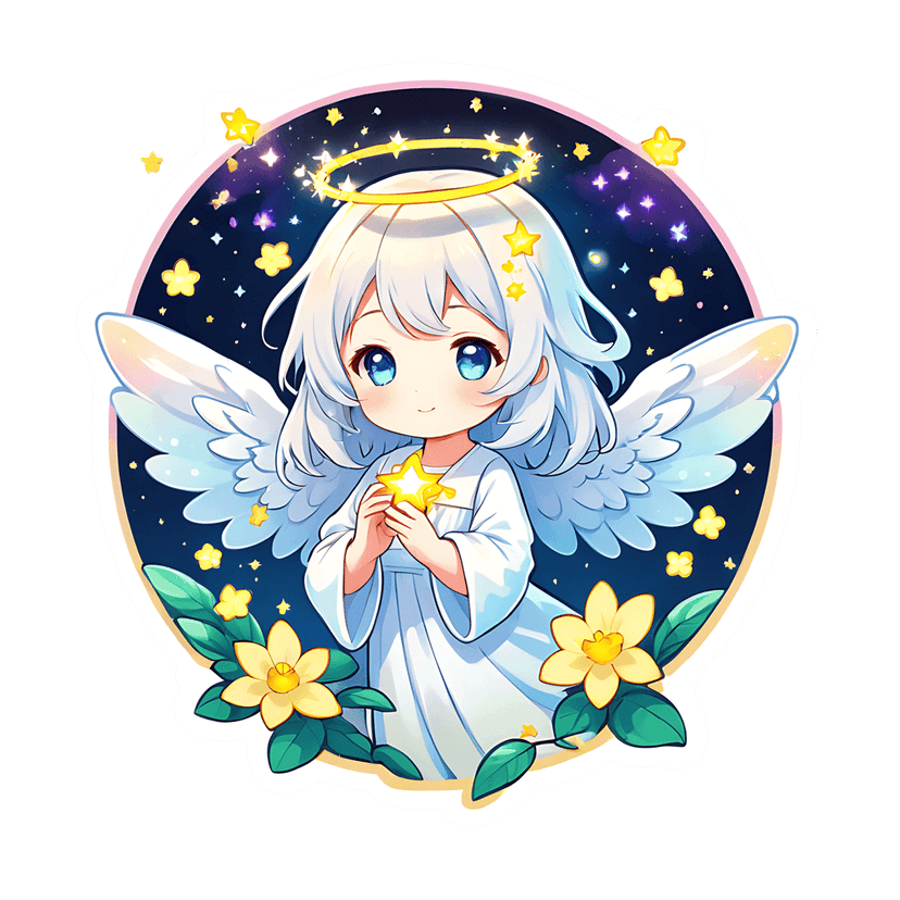 Chibi angel sticker holding a yellow star against a starry night sky with blooming yellow flowers at the base.