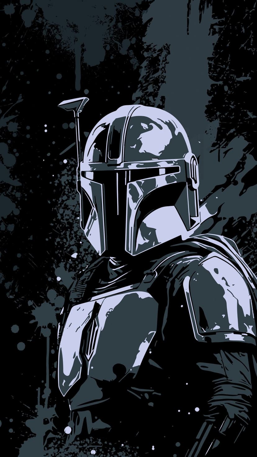 Mandalorian helmet with battle-worn textures sits against a dark abstract background with dramatic lighting.