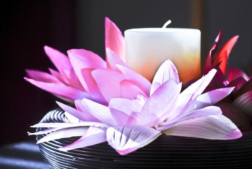 White pillar candle glowing inside a pink lotus flower with soft light highlighting delicate petal textures.