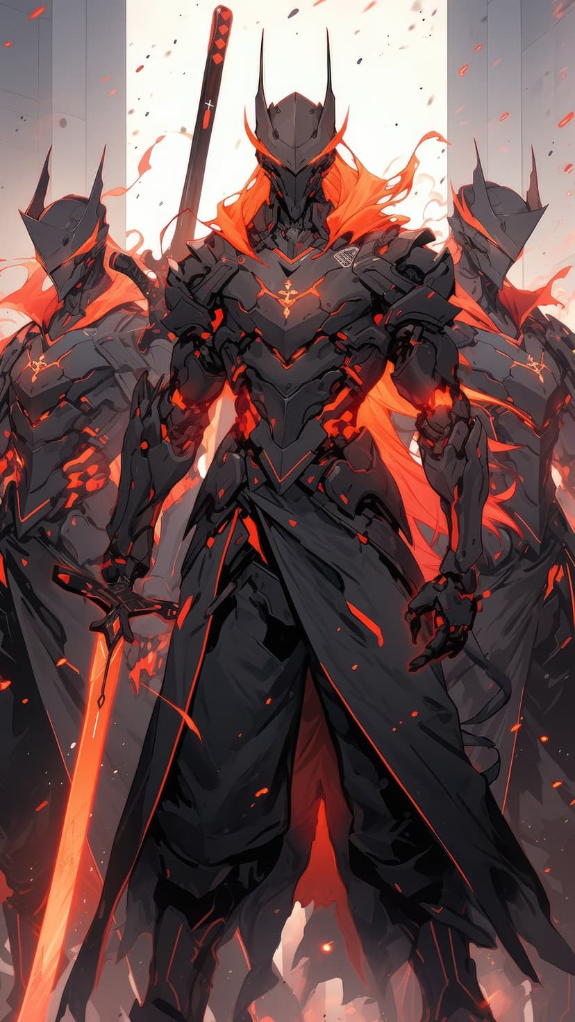 Three knights in black and red plate armor stand ready with glowing energy swords amidst embers and dark smoke.