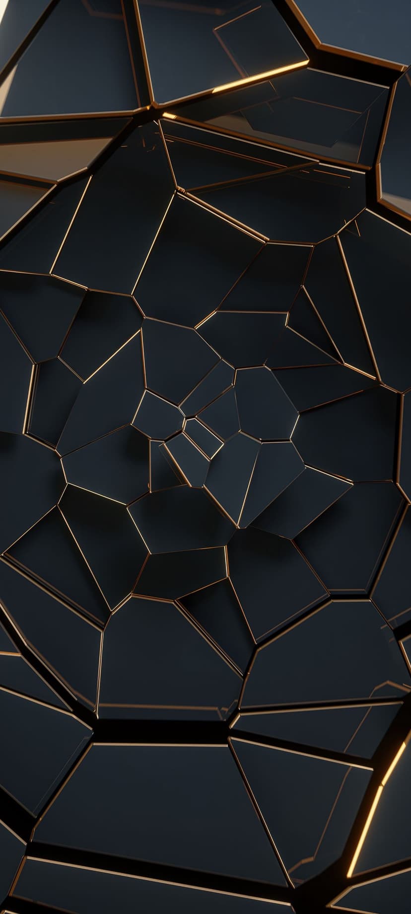 Dark geometric shapes outlined in glowing golden lines create a fractured glass pattern with depth and shadow.