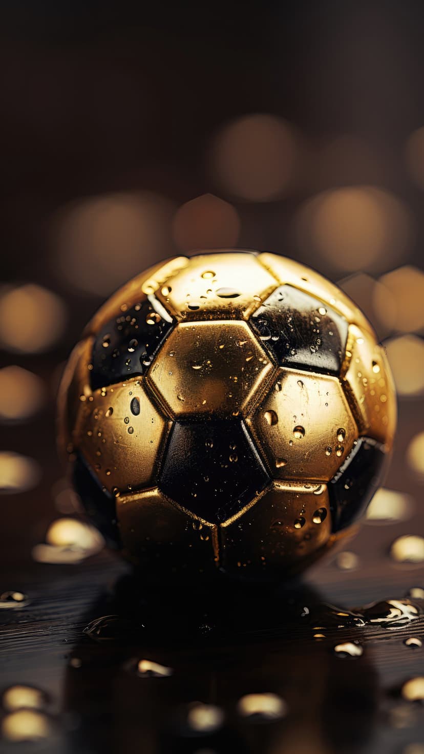 Golden soccer ball with shimmering water droplets rests on a dark reflective surface with warm bokeh lighting.