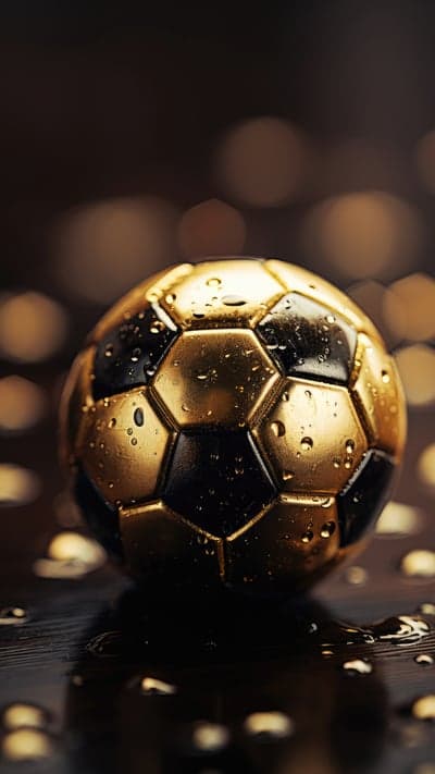 Golden Soccer Ball with Water Droplets on Dark Surface