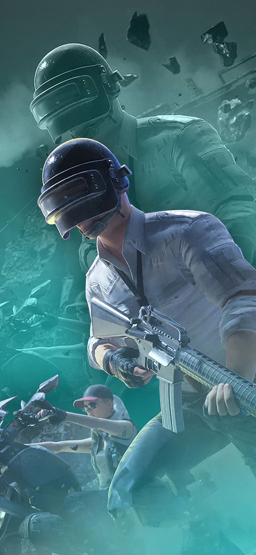 Soldier in tactical gear aims a rifle through floating debris and green mist with a ghostly figure behind.