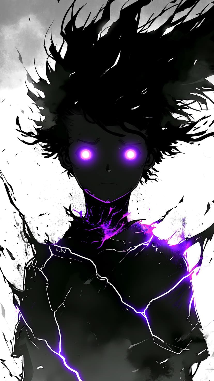 Spiky-haired anime warrior with glowing violet eyes surrounded by dark energy shards against a pale background.