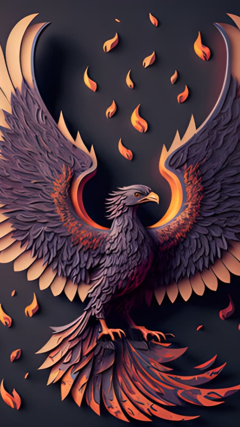 Phoenix bird with iridescent purple wings and glowing orange embers ascends through a dark, shadowy atmosphere.