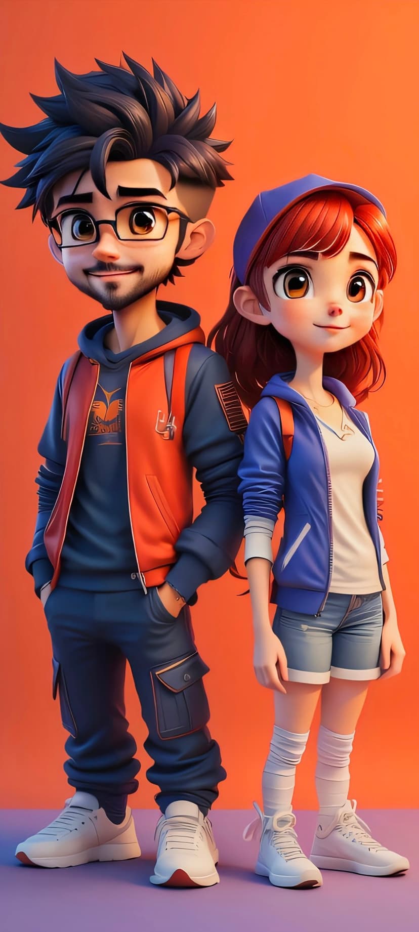 Trendy cartoon boy and girl wearing streetwear and sneakers stand before a bright orange studio background.