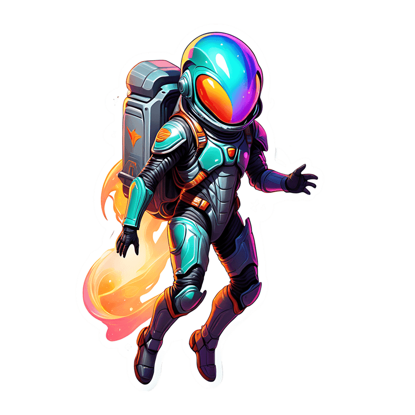 Astronaut jetpack sticker in teal suit featuring iridescent visor and orange flames against black background.