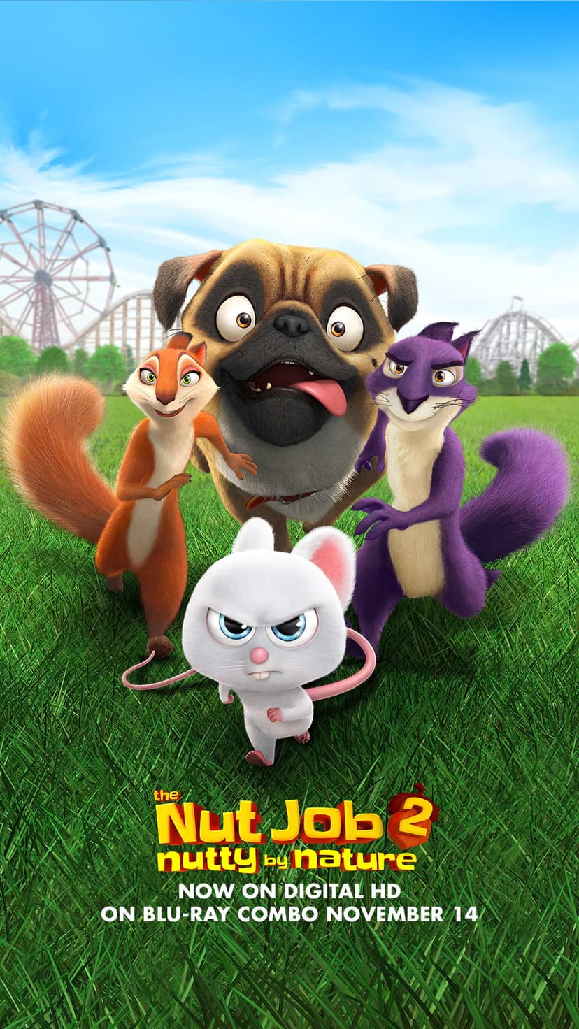 A pug, two squirrels, and a mouse stand on grass with a colorful Ferris wheel blurred in the distant background.
