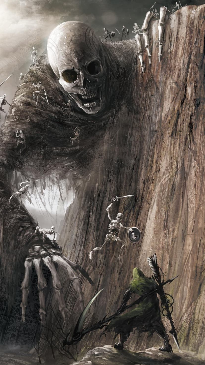 Massive skeletal titan battling swarms of tiny undead warriors across a jagged, dark fantasy rocky landscape.