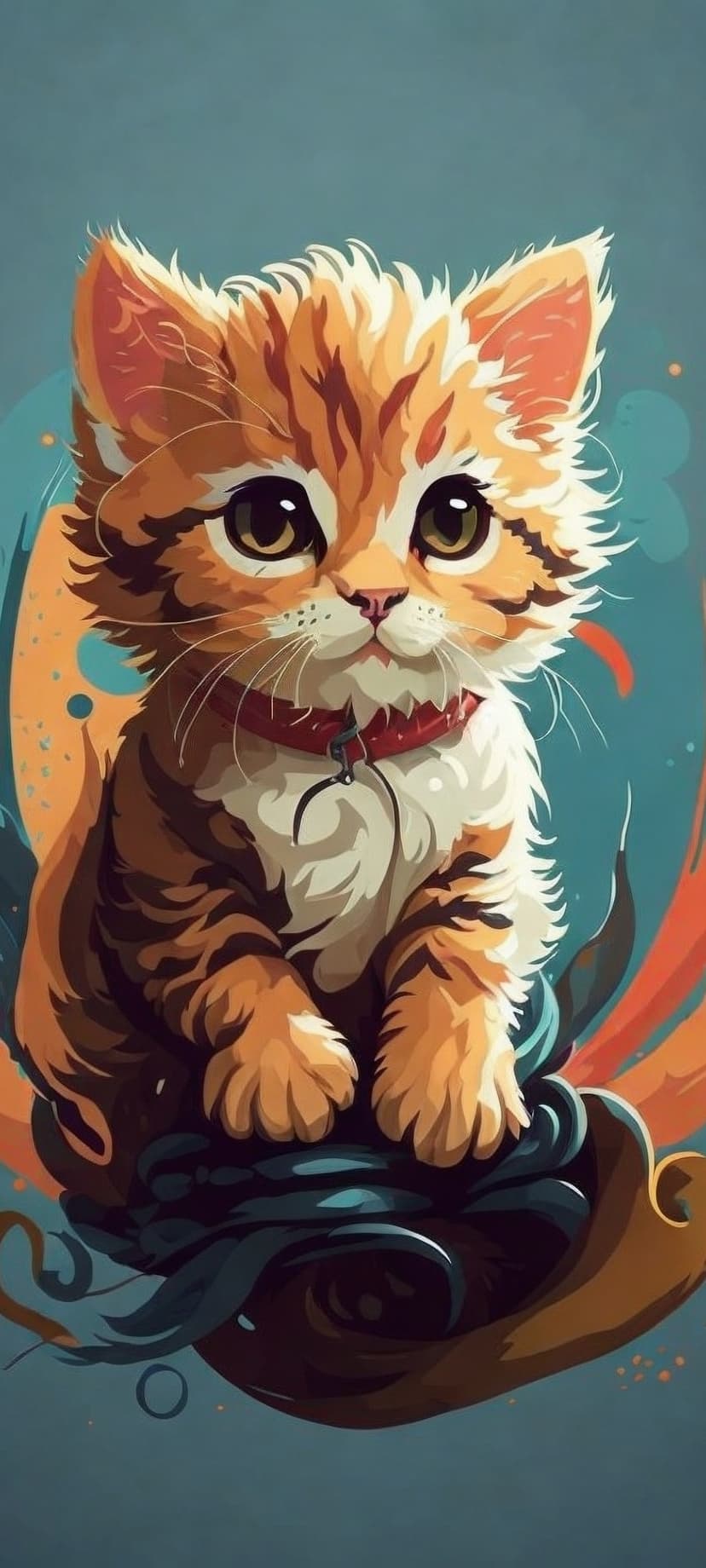 Orange tabby kitten with large brown eyes and a red collar sits on a dark surface with colorful abstract shapes.