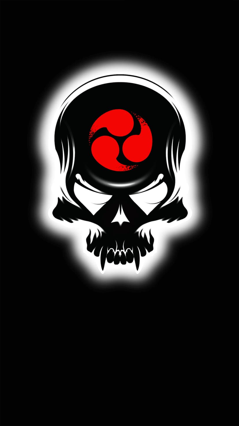 Stylized black skull with sharp teeth and glowing white outlines containing red tomoe symbols in the eye sockets.