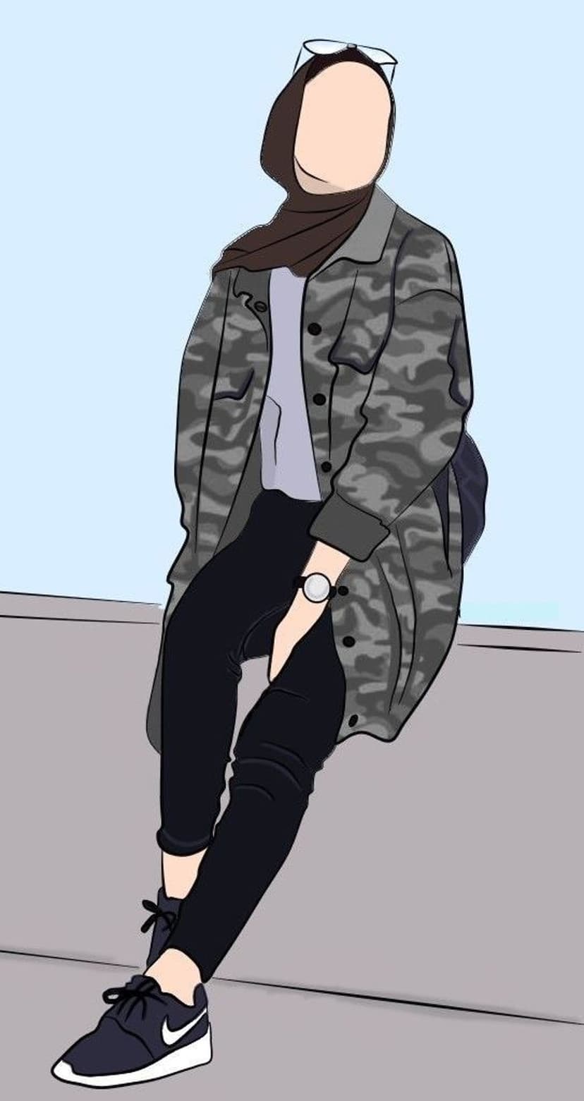 Muslim woman in a hijab and camo jacket wearing sunglasses while sitting on a ledge against a blue background.