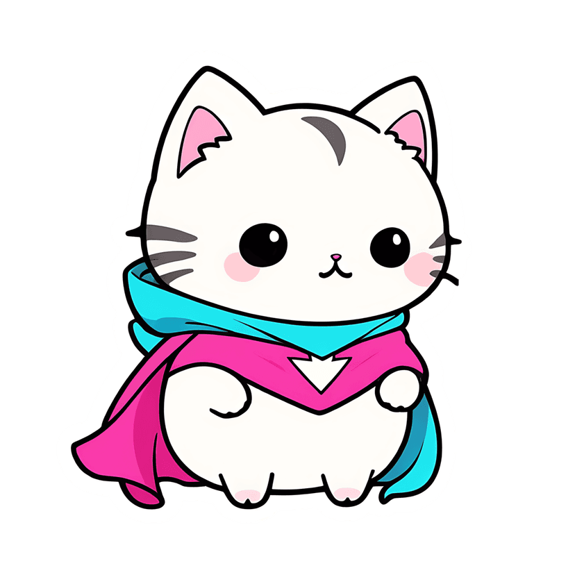 White kitten superhero character wearing magenta cape and arrow emblem sits forward showing bold outlines.