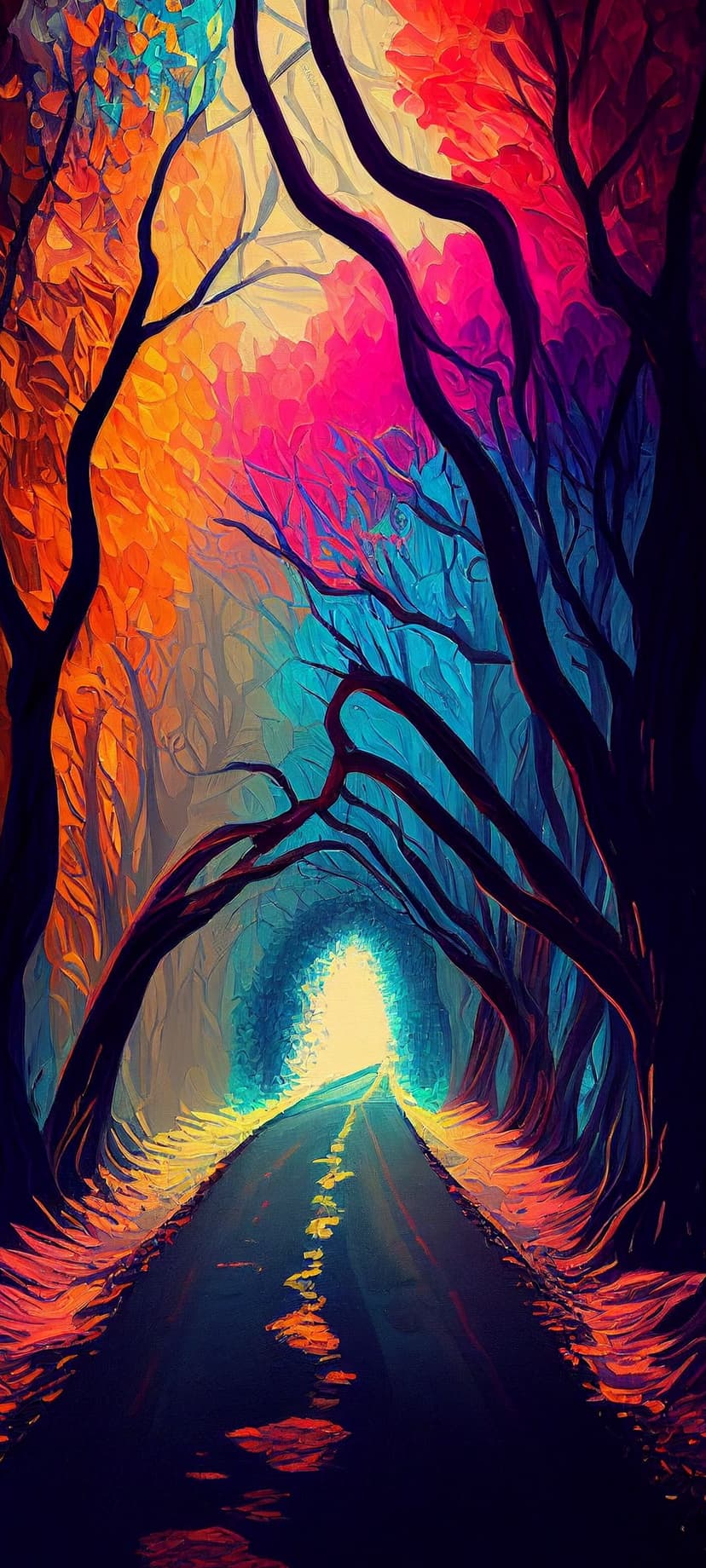 Twisted autumn branches frame a wet road reflecting orange and pink light toward a glowing forest horizon.