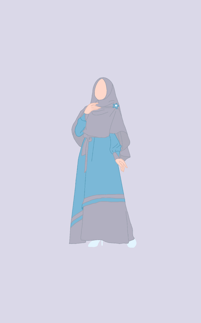 Woman wearing a layered blue and gray hijab dress with a brooch against a solid lavender background.