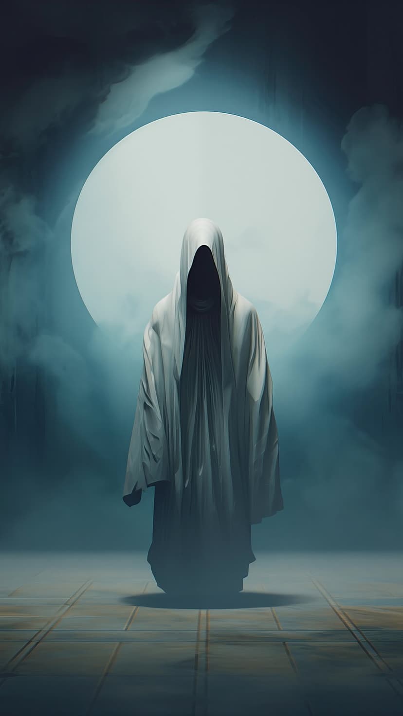 Hooded figure in white robes stands on a tiled floor before a massive glowing moon enveloped in thick fog.