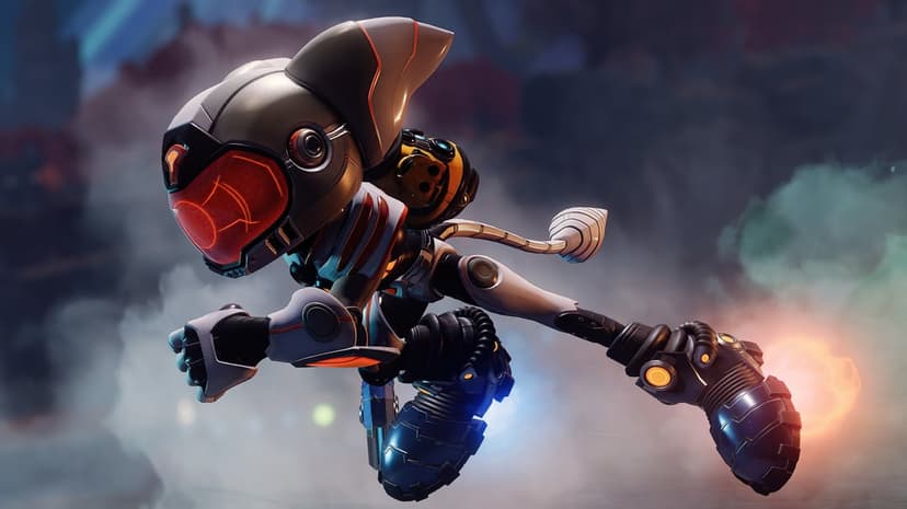 Futuristic robotic character in white and orange armor dashing mid-air with glowing jet boots and visor.