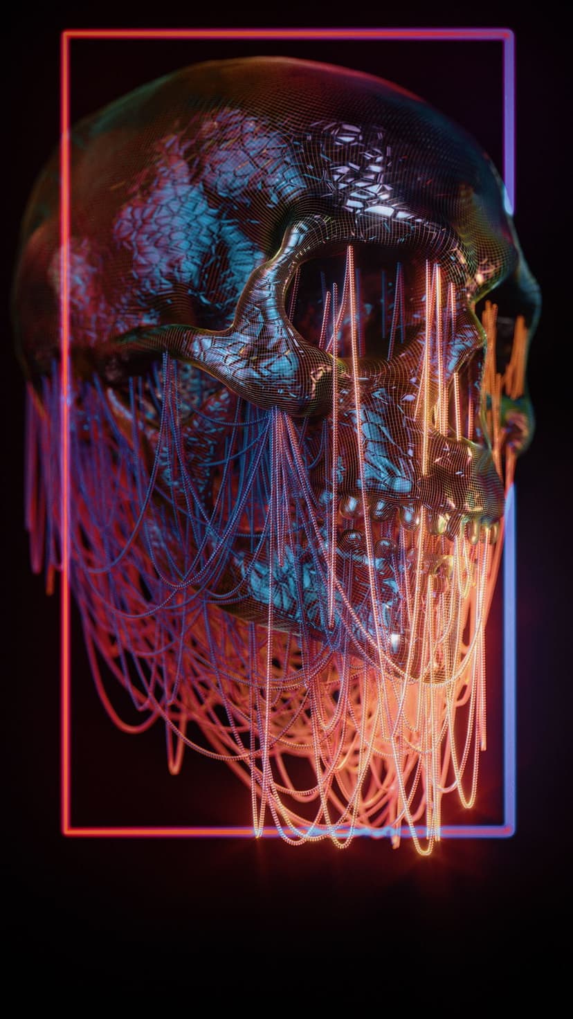 Metallic skull with red and blue glowing wires flowing from its eyes and jaw against a dark background.