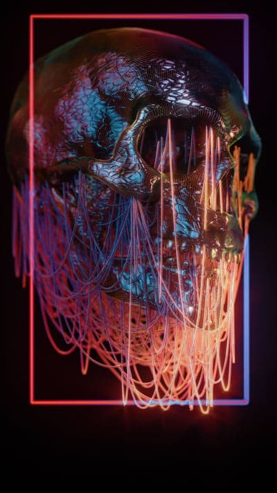 Cybernetic Skeletal Face with Glowing Neon Wiring Wallpaper
