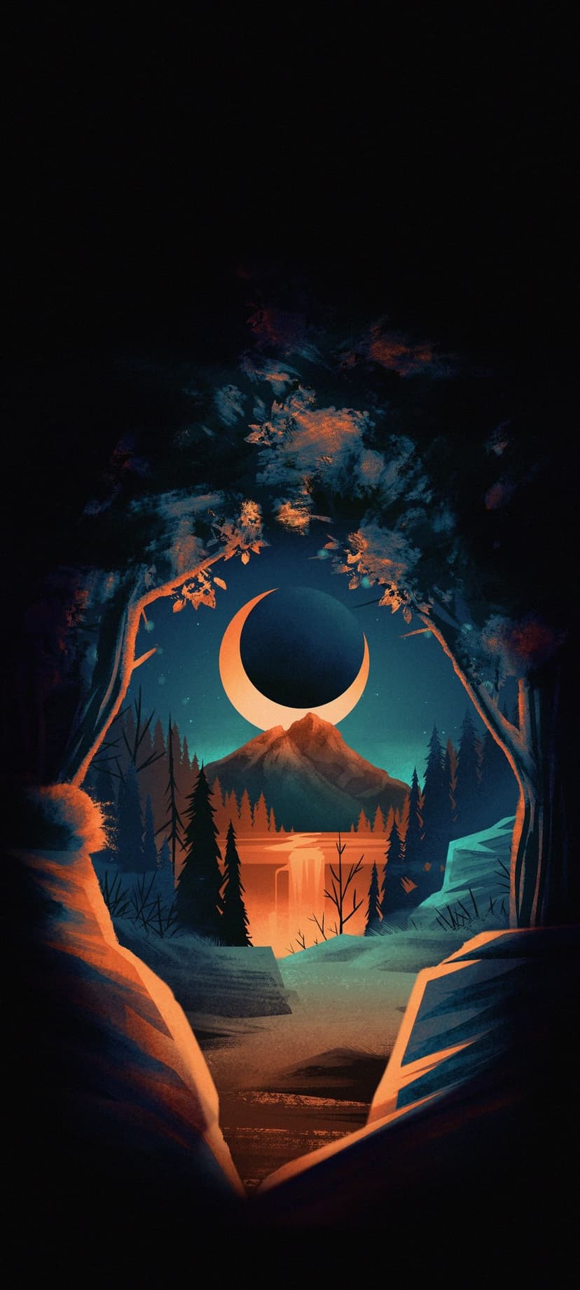 Radiant orange waterfall flows from a dark mountain peak under a silver crescent moon and starry night sky.
