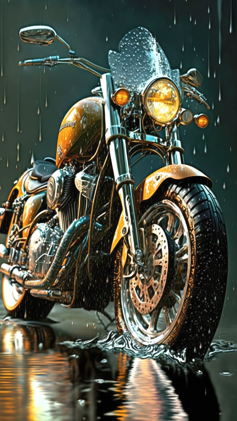 Classic motorcycle with orange accents and chrome parts covered in raindrops reflecting on wet pavement at night.