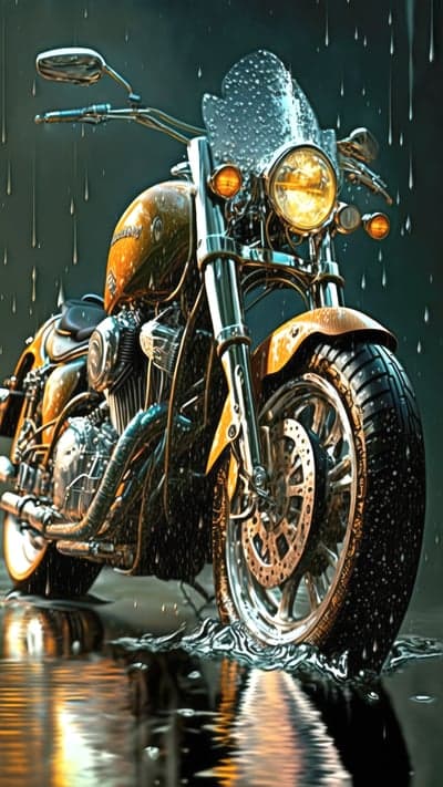 Motorcycle in the Rain with Water Reflections