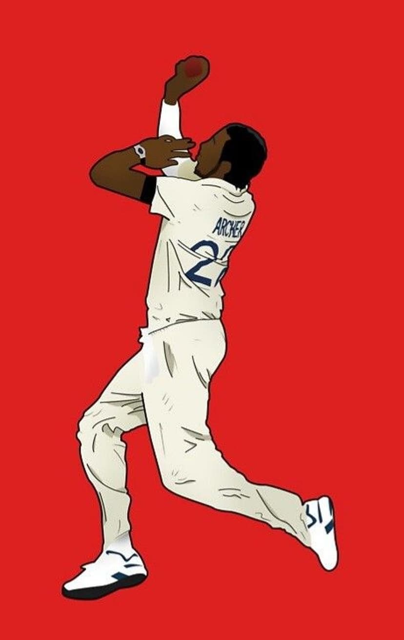 Jofra Archer in white England kit bowls a red cricket ball against a solid red background during a Test match.