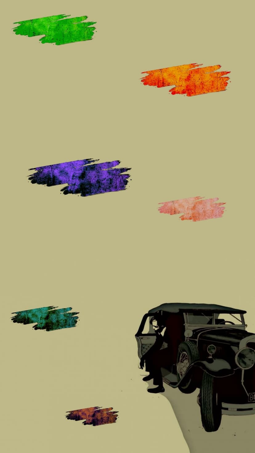 Vintage car silhouette and a human figure surrounded by thick green, orange, and purple abstract paint strokes.