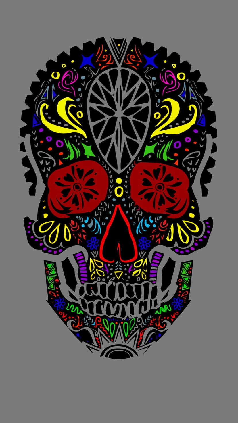 Ornate calavera decorated with bright red flowers, yellow gears, and blue geometric patterns on a black base.