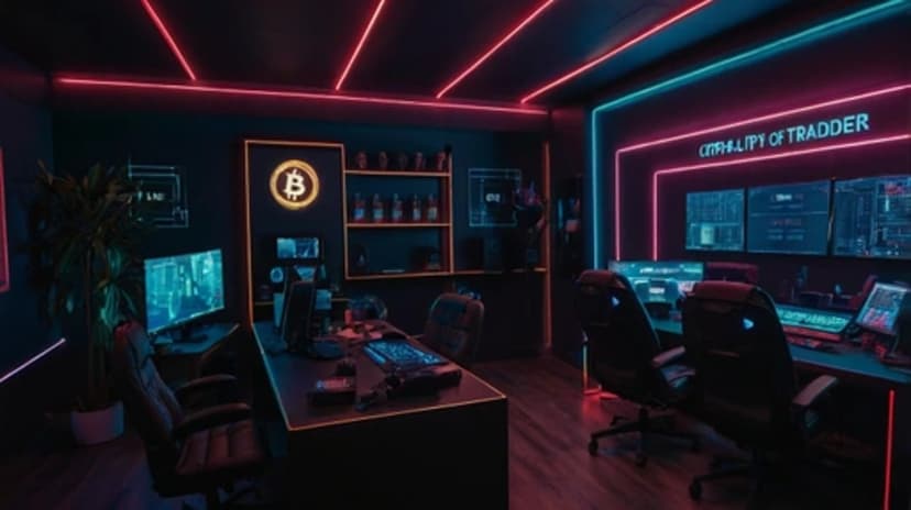Bitcoin logo glows on a desk surrounded by multiple financial monitors and neon red and blue lighting accents.