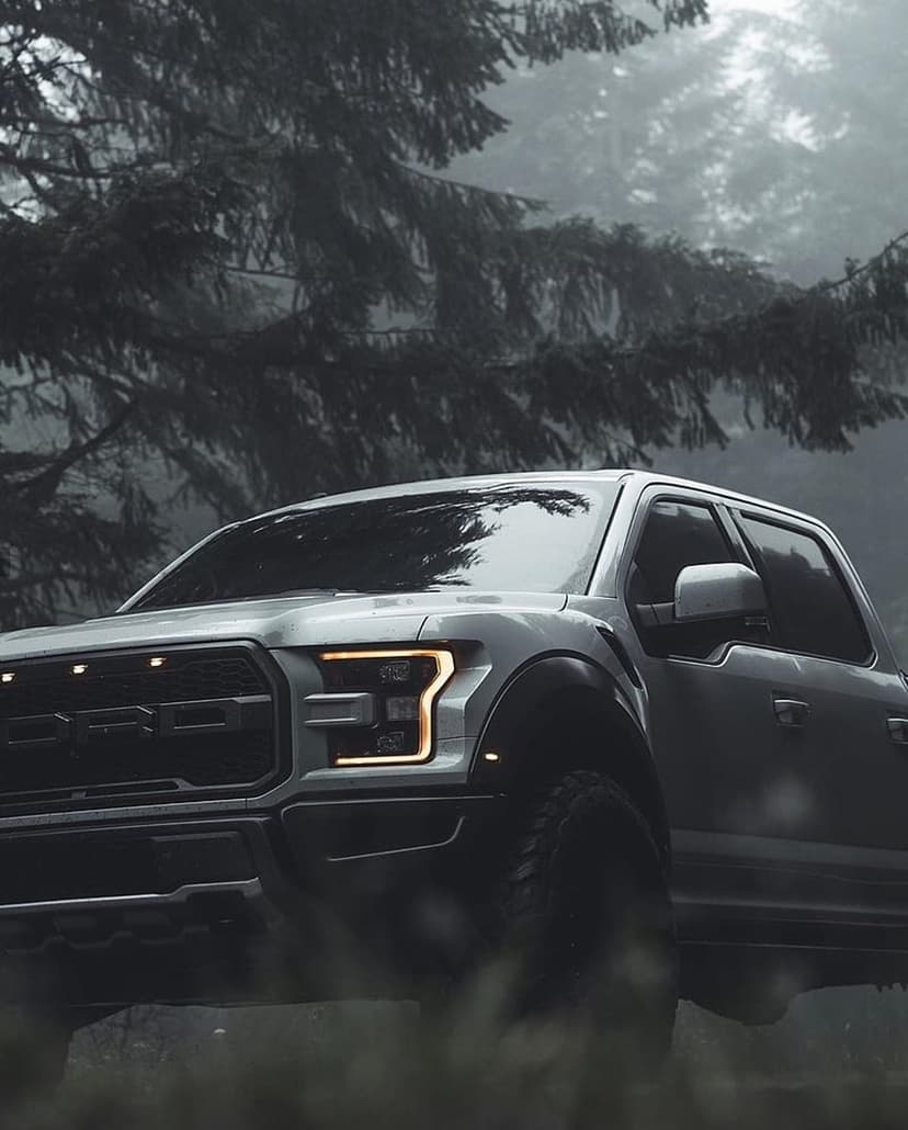 Ford Raptor truck with glowing headlights parked in a dark, misty forest surrounded by tall evergreen trees.