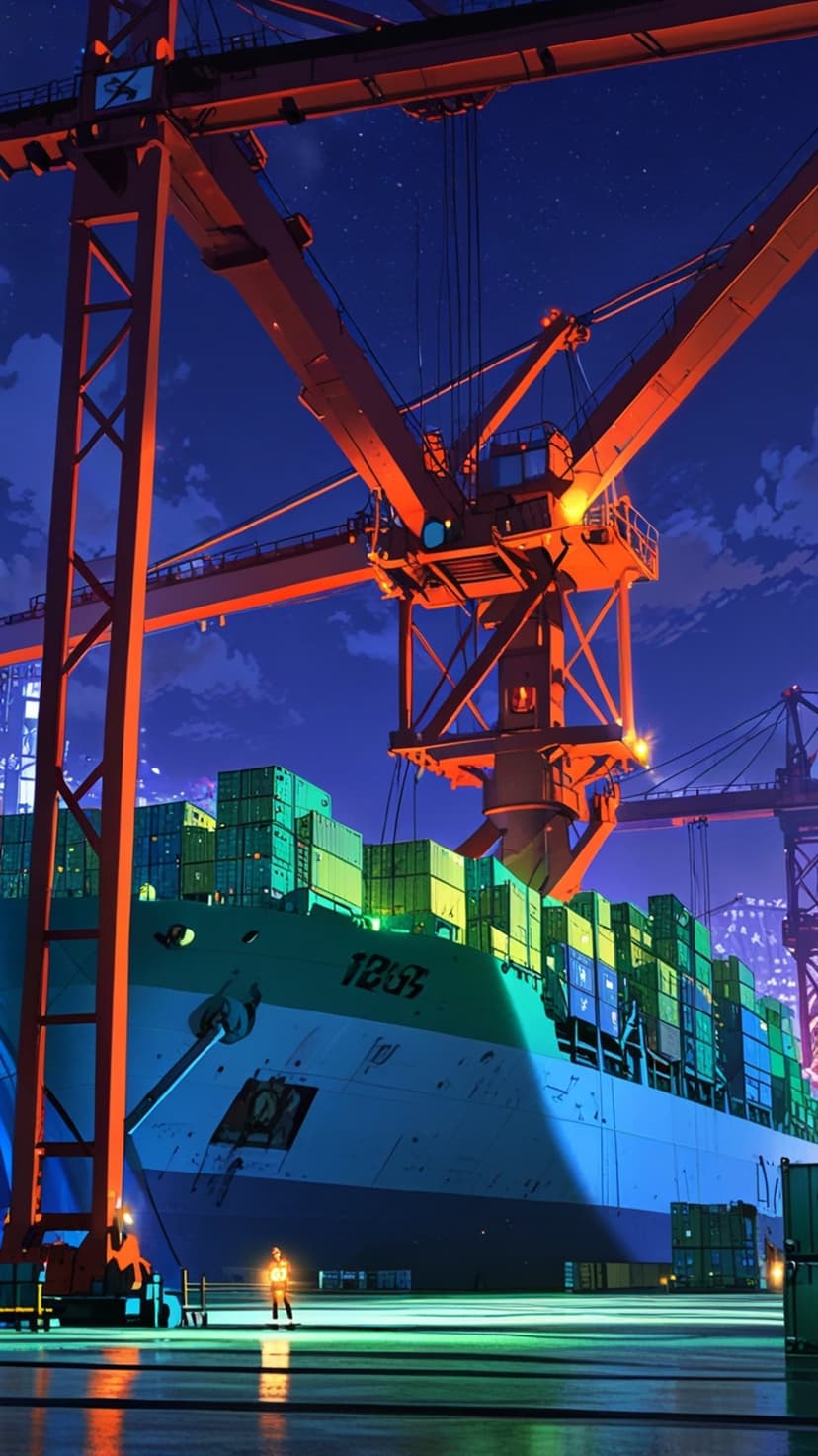 Orange cargo cranes tower over a ship with colorful containers at a wet harbor under a starry night sky.