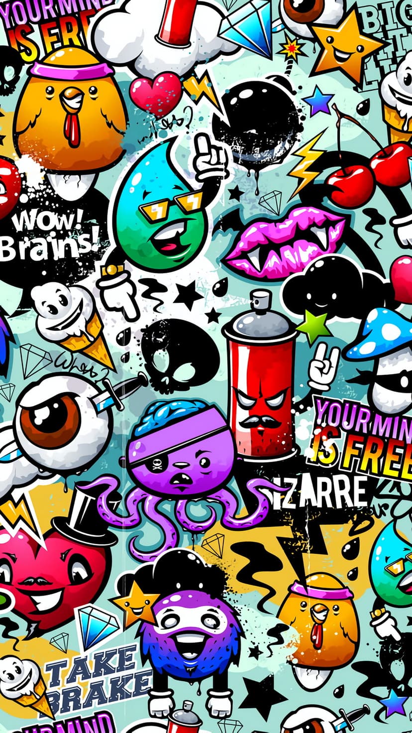 Chicken and octopus characters mix with floating eyeballs and spray cans in a colorful graffiti mural.