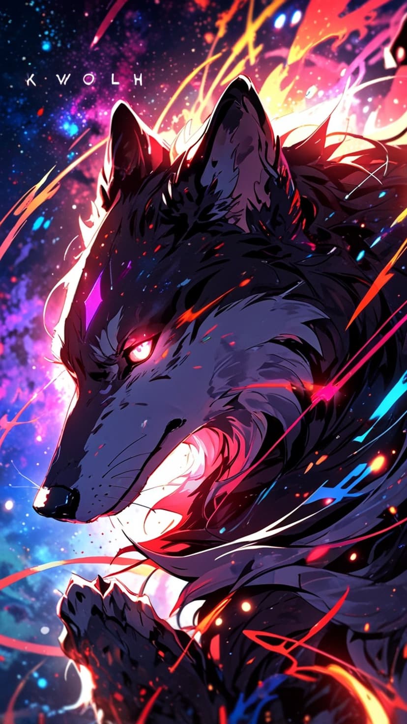 Wolf with glowing red eyes and bared teeth surrounded by swirling red, orange, and blue cosmic energy clouds.