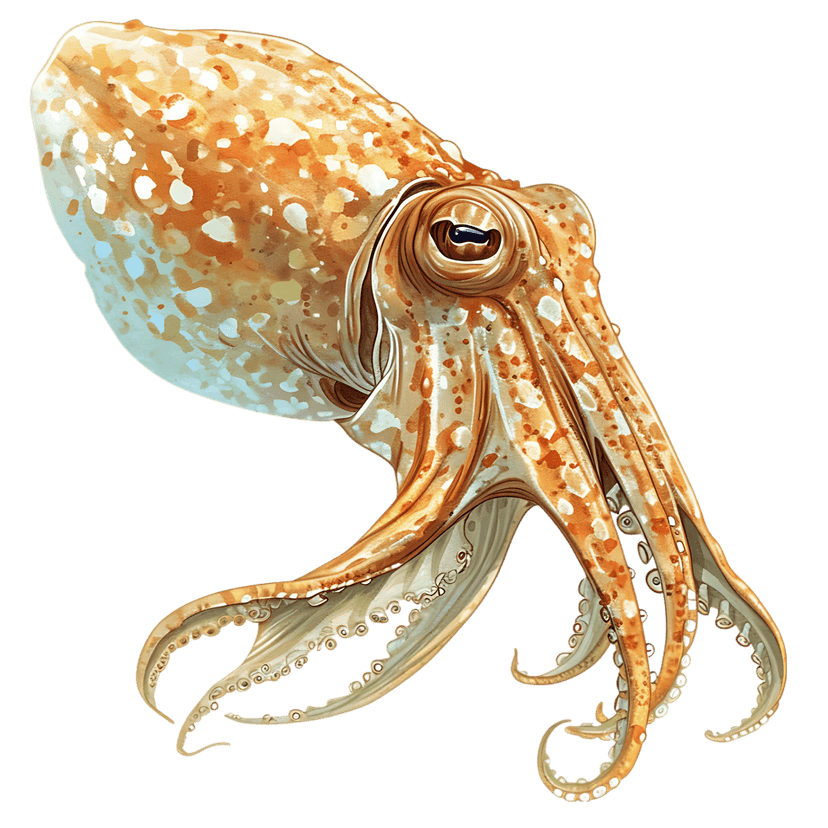 Watercolor cuttlefish illustration showing orange mantle textures and blue suction cups on curved tentacles.